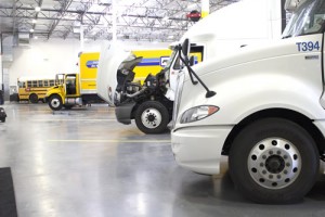 Trucks lined up in a service department